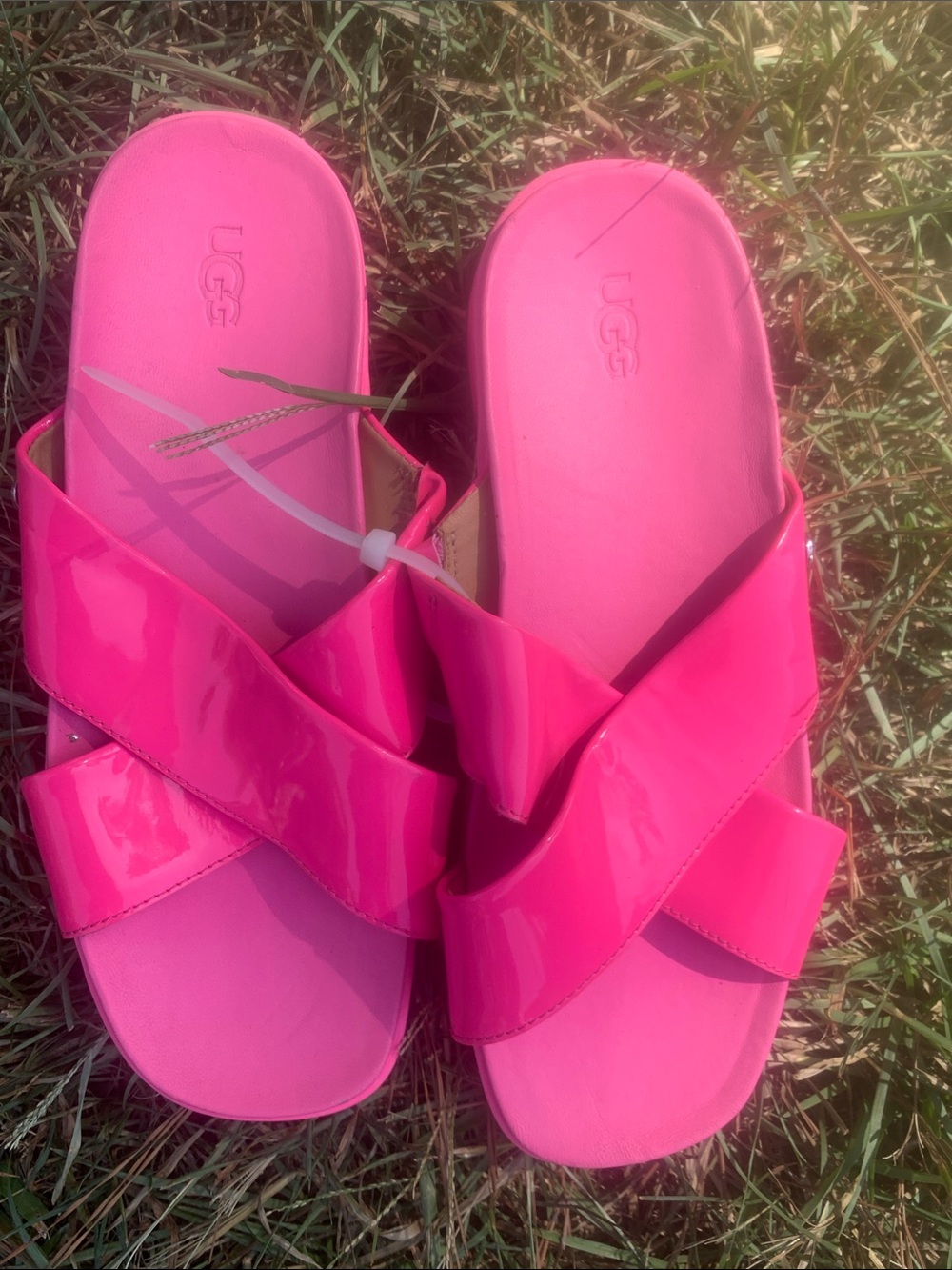 UGG Women's Hot Pink Patent Cross-Band Slide Sandals